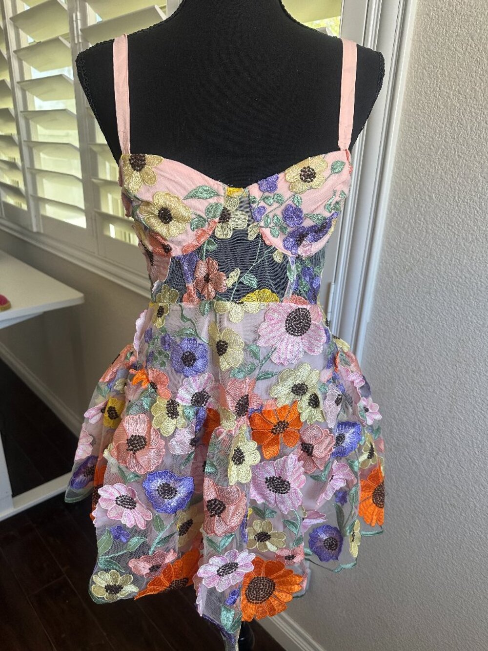 For Love & Lemons Floral Embroidered Mesh Mini Dress NWT
